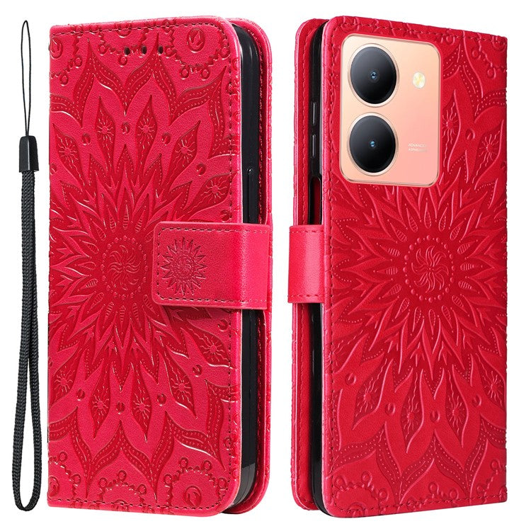 KT Imprinting Flower Series-1 For vivo Y36 5G (Global) / Y78 (China) 5G Phone Case PU Leather Wallet Flip Stand Cover - Red