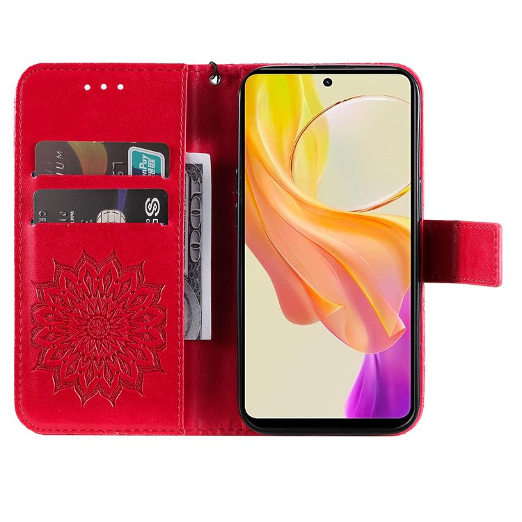 KT Imprinting Flower Series-1 For vivo Y36 5G (Global) / Y78 (China) 5G Phone Case PU Leather Wallet Flip Stand Cover - Red