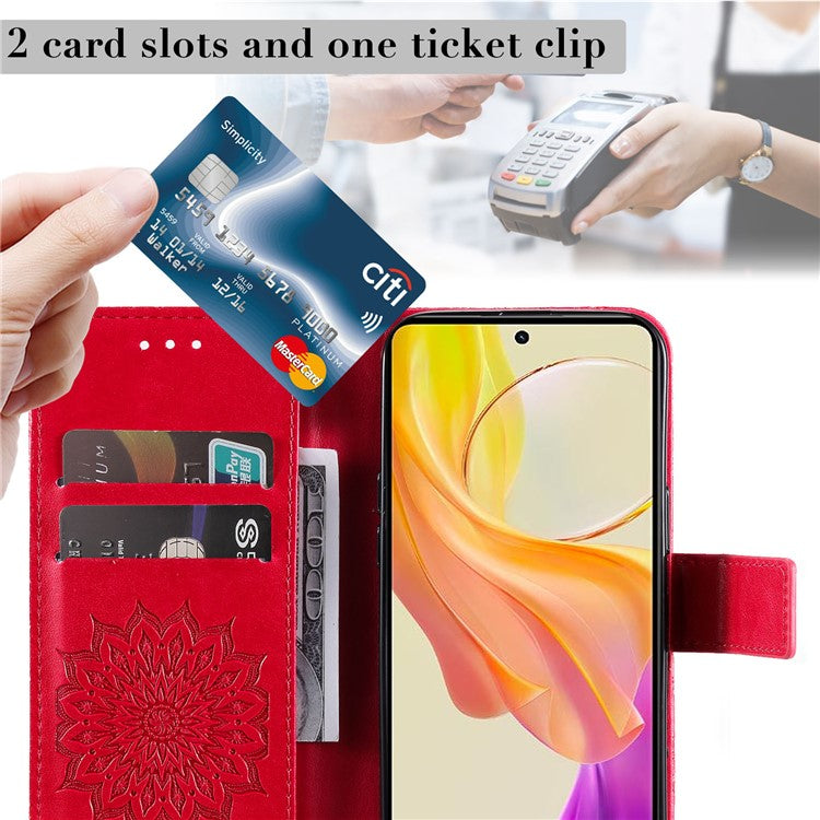 KT Imprinting Flower Series-1 For vivo Y36 5G (Global) / Y78 (China) 5G Phone Case PU Leather Wallet Flip Stand Cover - Red