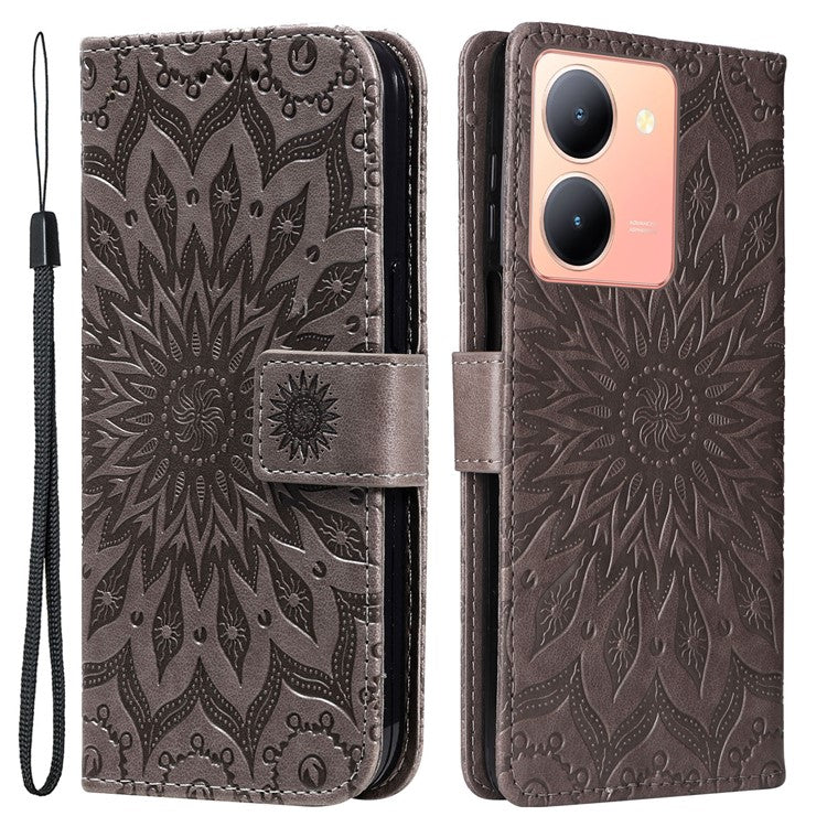 KT Imprinting Flower Series-1 For vivo Y36 5G (Global) / Y78 (China) 5G Phone Case PU Leather Wallet Flip Stand Cover - Grey