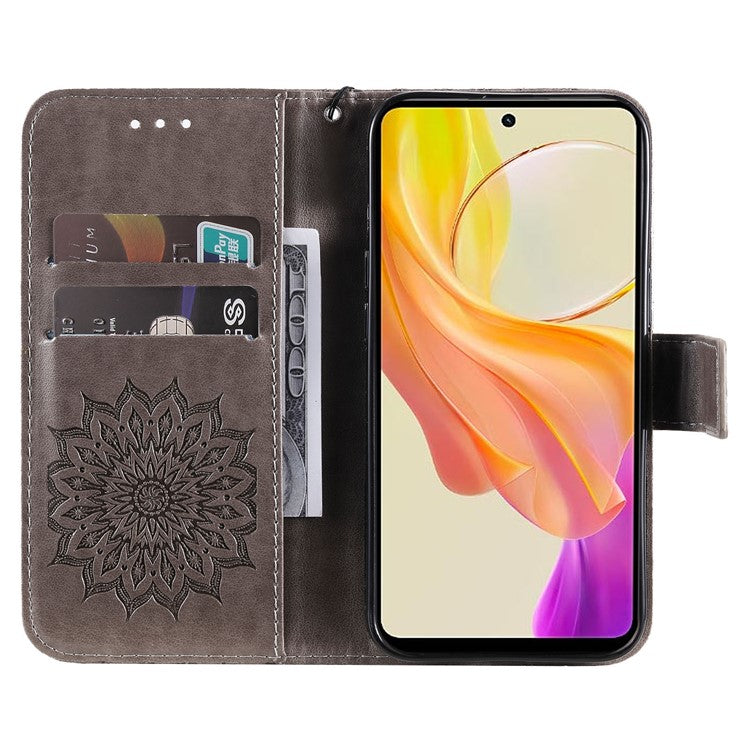 KT Imprinting Flower Series-1 For vivo Y36 5G (Global) / Y78 (China) 5G Phone Case PU Leather Wallet Flip Stand Cover - Grey