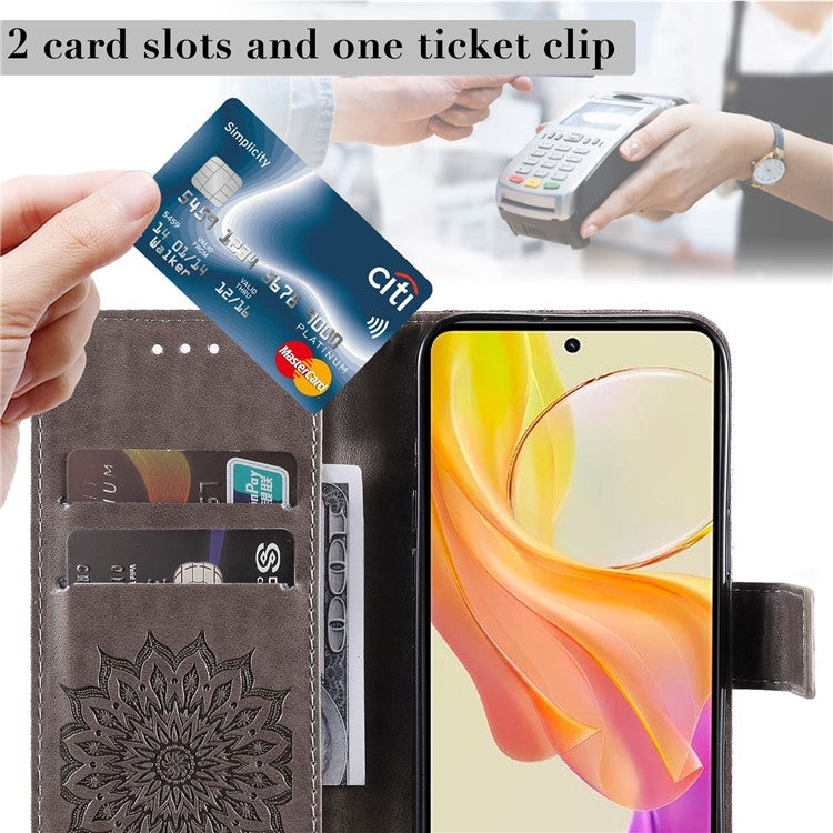 KT Imprinting Flower Series-1 For vivo Y36 5G (Global) / Y78 (China) 5G Phone Case PU Leather Wallet Flip Stand Cover - Grey