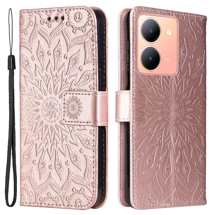 KT Imprinting Flower Series-1 For vivo Y36 5G (Global) / Y78 (China) 5G Phone Case PU Leather Wallet Flip Stand Cover - Rose Gold