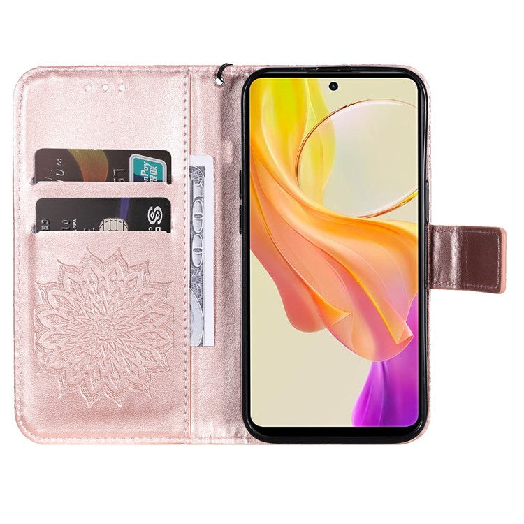 KT Imprinting Flower Series-1 For vivo Y36 5G (Global) / Y78 (China) 5G Phone Case PU Leather Wallet Flip Stand Cover - Rose Gold