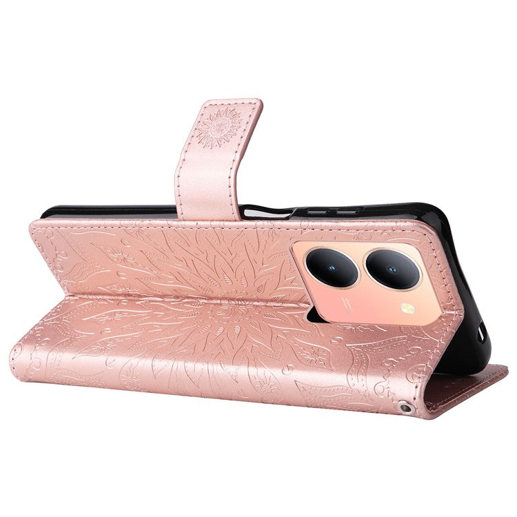 KT Imprinting Flower Series-1 For vivo Y36 5G (Global) / Y78 (China) 5G Phone Case PU Leather Wallet Flip Stand Cover - Rose Gold