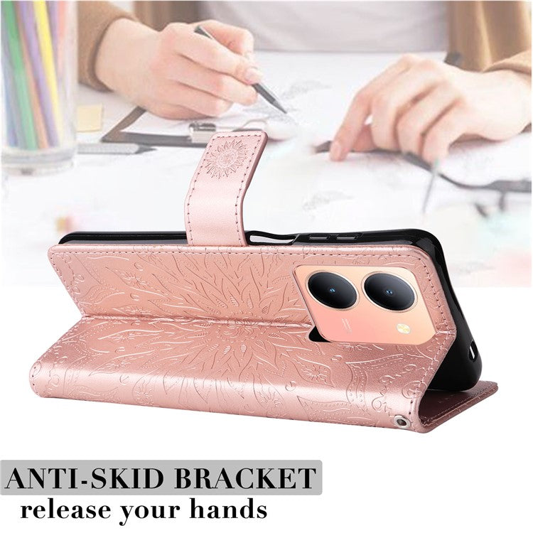 KT Imprinting Flower Series-1 For vivo Y36 5G (Global) / Y78 (China) 5G Phone Case PU Leather Wallet Flip Stand Cover - Rose Gold