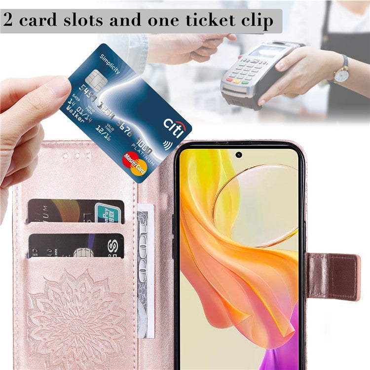 KT Imprinting Flower Series-1 For vivo Y36 5G (Global) / Y78 (China) 5G Phone Case PU Leather Wallet Flip Stand Cover - Rose Gold