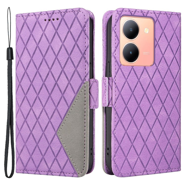 Leather Flip Cover for vivo Y36 5G (Global) / Y78 5G (China) , Rhombus Imprinted Splicing Wallet Stand Phone Case - Purple