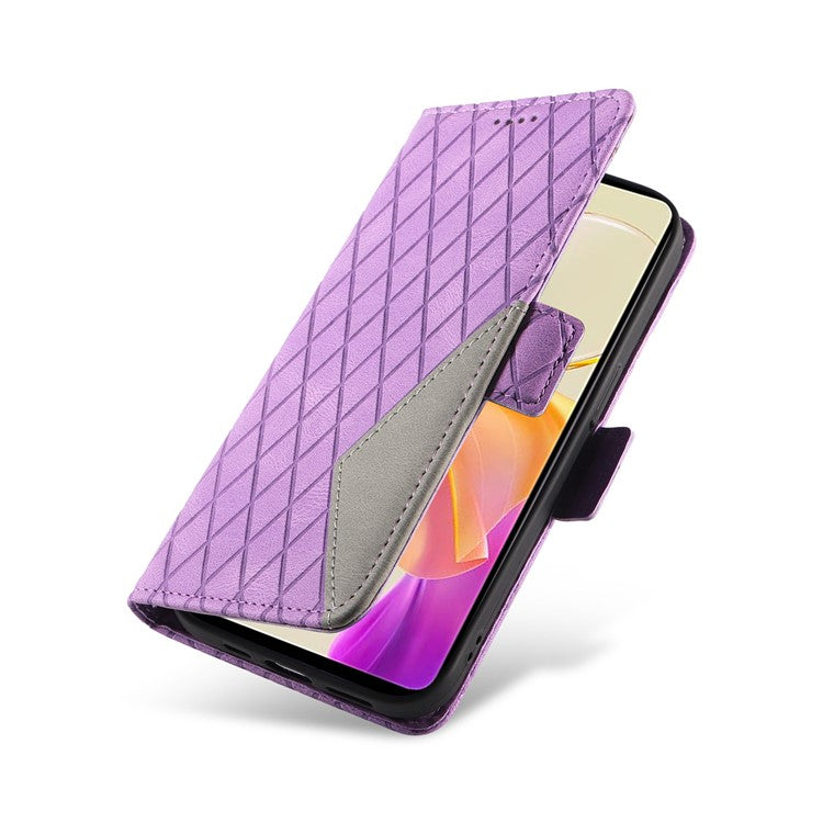 Leather Flip Cover for vivo Y36 5G (Global) / Y78 5G (China) , Rhombus Imprinted Splicing Wallet Stand Phone Case - Purple