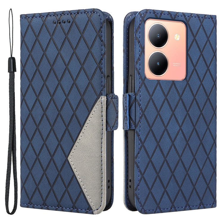 Leather Flip Cover for vivo Y36 5G (Global) / Y78 5G (China) , Rhombus Imprinted Splicing Wallet Stand Phone Case - Blue