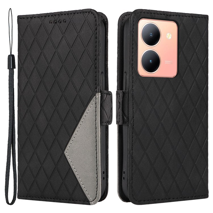 Leather Flip Cover for vivo Y36 5G (Global) / Y78 5G (China) , Rhombus Imprinted Splicing Wallet Stand Phone Case - Black