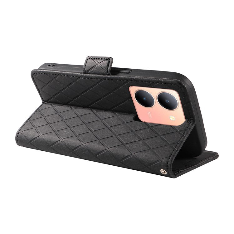 Leather Flip Cover for vivo Y36 5G (Global) / Y78 5G (China) , Rhombus Imprinted Splicing Wallet Stand Phone Case - Black