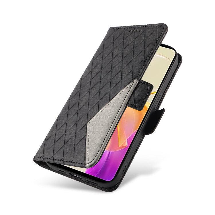 Leather Flip Cover for vivo Y36 5G (Global) / Y78 5G (China) , Rhombus Imprinted Splicing Wallet Stand Phone Case - Black