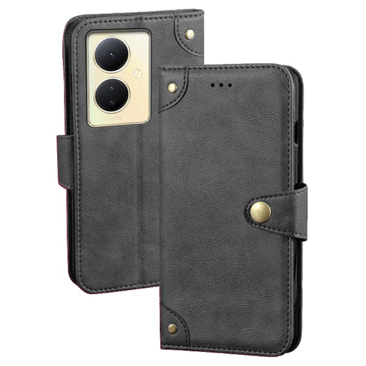 IDEWEI For vivo V29 Lite 5G Textured Phone Shell Stand Wallet PU Leather Phone Cover Anti-Scratch Case - Black