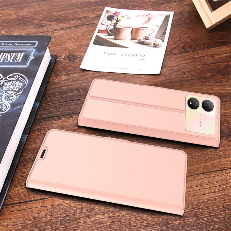 Dustproof Phone Cover For vivo Y100 5G , Card Slot PU Leather Stand Flip Shell Full Protection Phone Case - Rose Gold