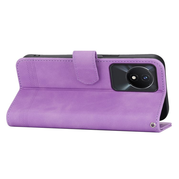 DIERFENG DF-03 Scratch-proof Cover for vivo Y02A 4G , Lines Imprinted Wallet Stand Mobile Leather Case - Purple