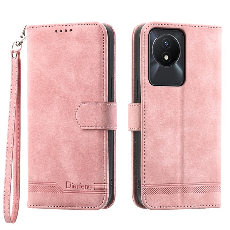 DIERFENG DF-03 Scratch-proof Cover for vivo Y02A 4G , Lines Imprinted Wallet Stand Mobile Leather Case - Pink