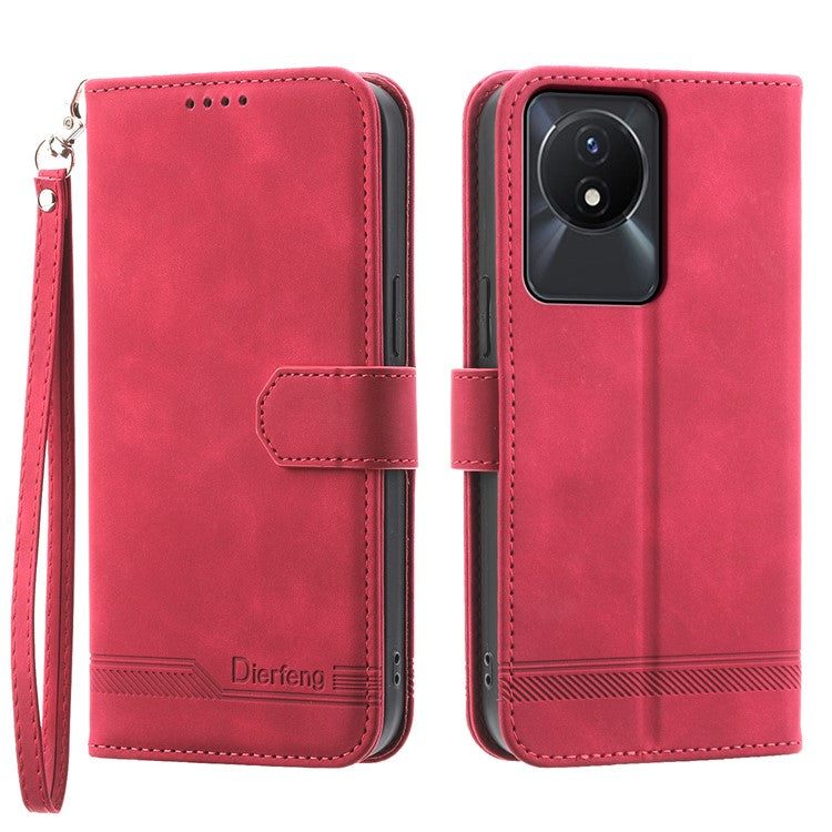 DIERFENG DF-03 Scratch-proof Cover for vivo Y02A 4G , Lines Imprinted Wallet Stand Mobile Leather Case - Red