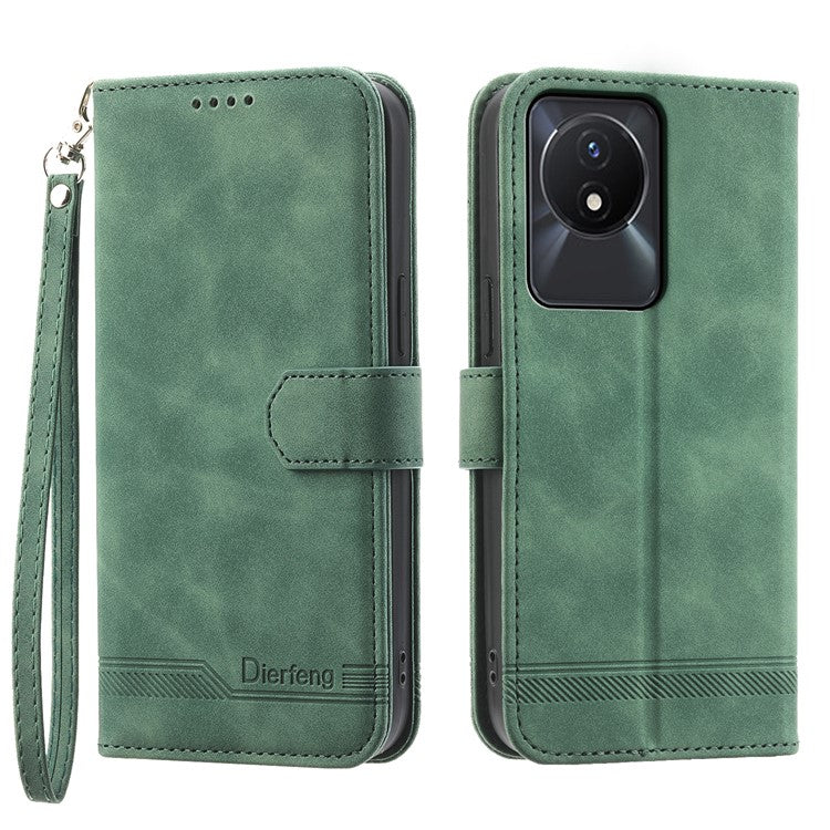 DIERFENG DF-03 Scratch-proof Cover for vivo Y02A 4G , Lines Imprinted Wallet Stand Mobile Leather Case - Green