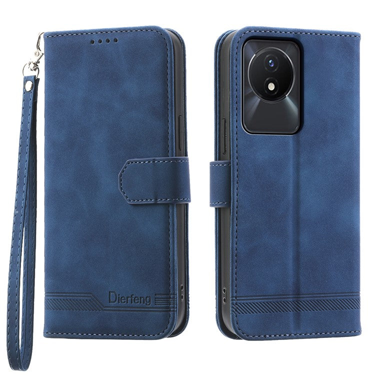 DIERFENG DF-03 Scratch-proof Cover for vivo Y02A 4G , Lines Imprinted Wallet Stand Mobile Leather Case - Blue