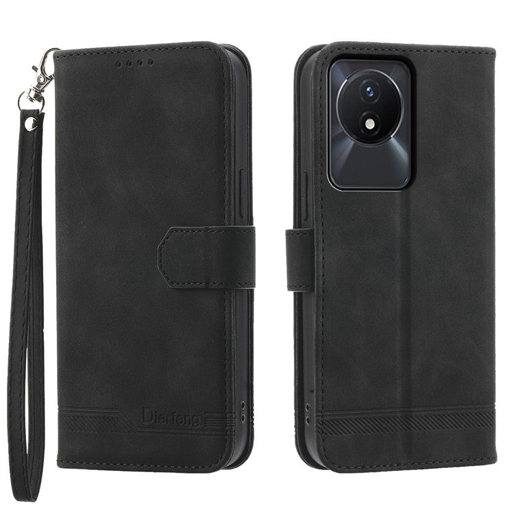 DIERFENG DF-03 Scratch-proof Cover for vivo Y02A 4G , Lines Imprinted Wallet Stand Mobile Leather Case - Black