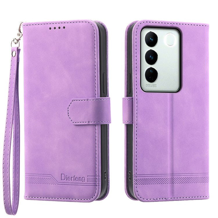 DIERFENG DF-03 Cellphone Cover for vivo V27 5G , Lines Imprinted Wallet Stand Mobile Leather Case - Purple