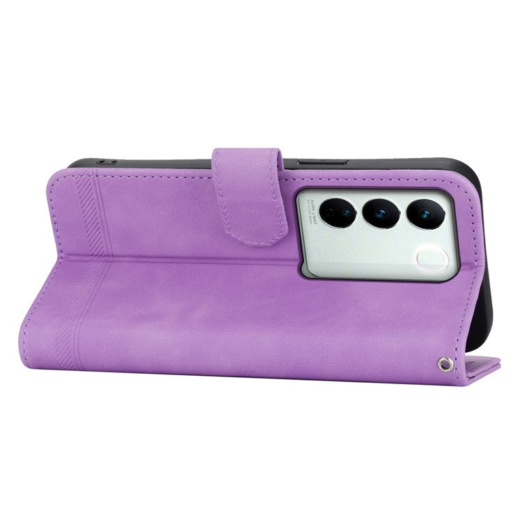 DIERFENG DF-03 Cellphone Cover for vivo V27 5G , Lines Imprinted Wallet Stand Mobile Leather Case - Purple