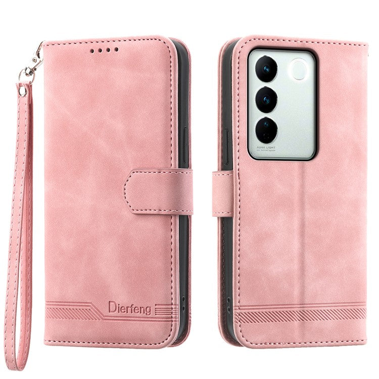 DIERFENG DF-03 Cellphone Cover for vivo V27 5G , Lines Imprinted Wallet Stand Mobile Leather Case - Pink