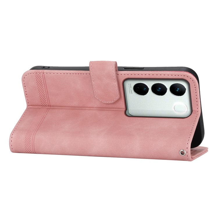 DIERFENG DF-03 Cellphone Cover for vivo V27 5G , Lines Imprinted Wallet Stand Mobile Leather Case - Pink