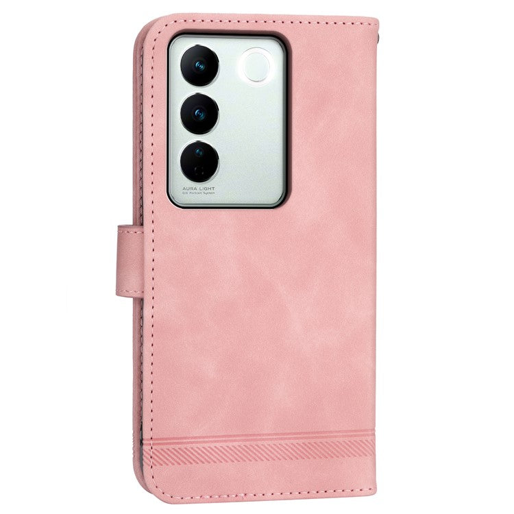 DIERFENG DF-03 Cellphone Cover for vivo V27 5G , Lines Imprinted Wallet Stand Mobile Leather Case - Pink