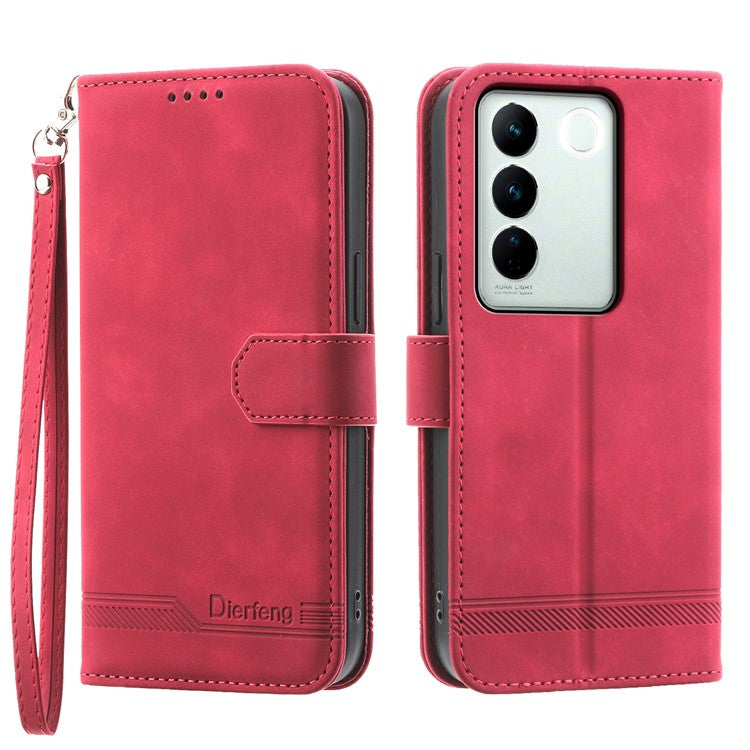 DIERFENG DF-03 Cellphone Cover for vivo V27 5G , Lines Imprinted Wallet Stand Mobile Leather Case - Red