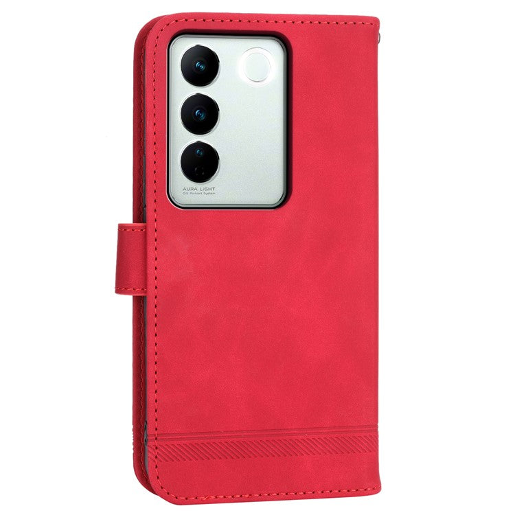 DIERFENG DF-03 Cellphone Cover for vivo V27 5G , Lines Imprinted Wallet Stand Mobile Leather Case - Red