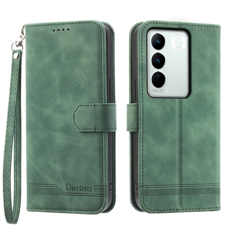 DIERFENG DF-03 Cellphone Cover for vivo V27 5G , Lines Imprinted Wallet Stand Mobile Leather Case - Green