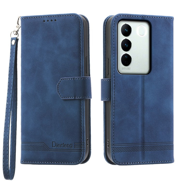 DIERFENG DF-03 Cellphone Cover for vivo V27 5G , Lines Imprinted Wallet Stand Mobile Leather Case - Blue