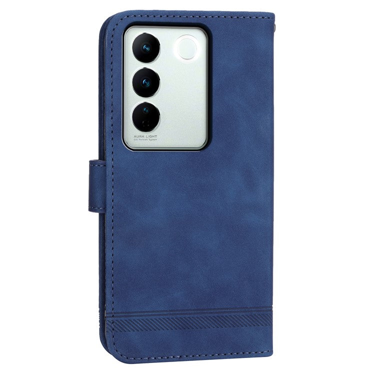 DIERFENG DF-03 Cellphone Cover for vivo V27 5G , Lines Imprinted Wallet Stand Mobile Leather Case - Blue