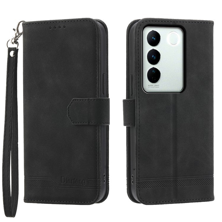 DIERFENG DF-03 Cellphone Cover for vivo V27 5G , Lines Imprinted Wallet Stand Mobile Leather Case - Black