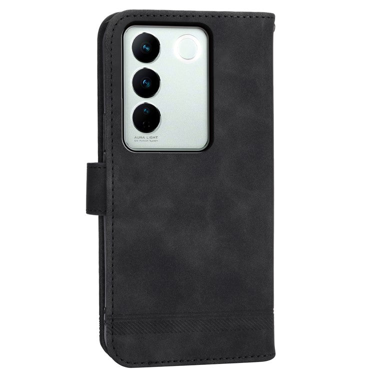 DIERFENG DF-03 Cellphone Cover for vivo V27 5G , Lines Imprinted Wallet Stand Mobile Leather Case - Black