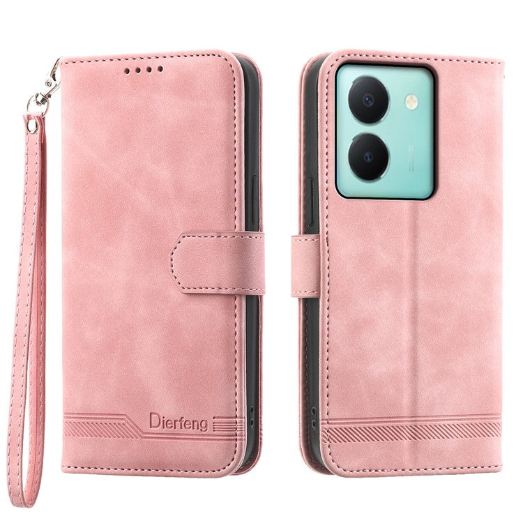 DIERFENG DF-03 Anti-drop Phone Case for vivo Y36 4G (Global) Lines Imprint Leather Wallet Stand Cover - Pink