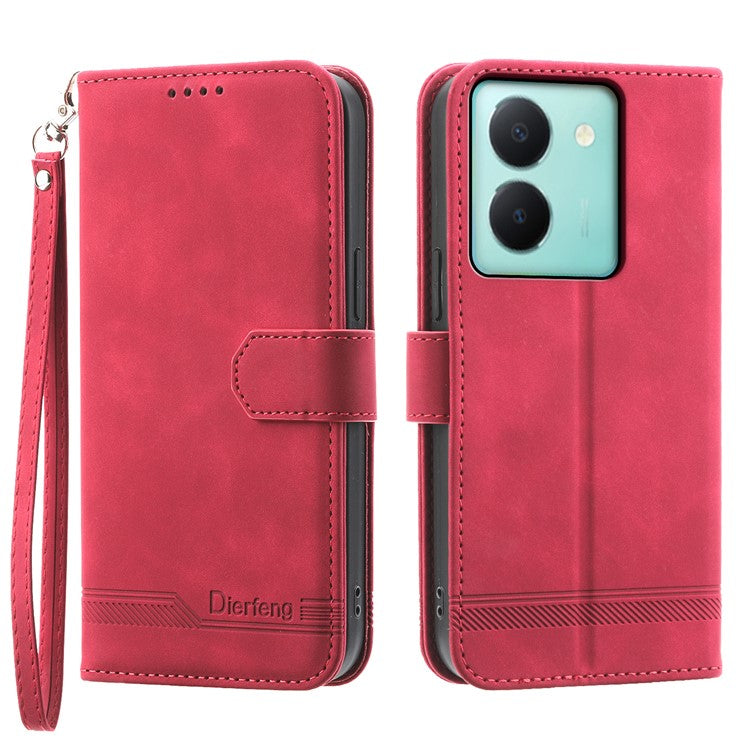 DIERFENG DF-03 Anti-drop Phone Case for vivo Y36 4G (Global) Lines Imprint Leather Wallet Stand Cover - Red