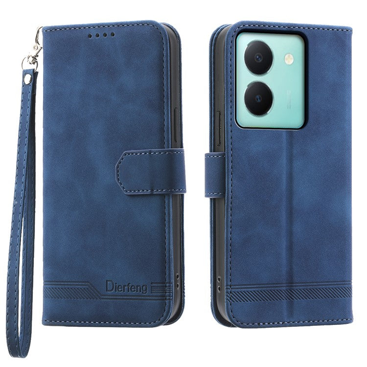 DIERFENG DF-03 Anti-drop Phone Case for vivo Y36 4G (Global) Lines Imprint Leather Wallet Stand Cover - Blue