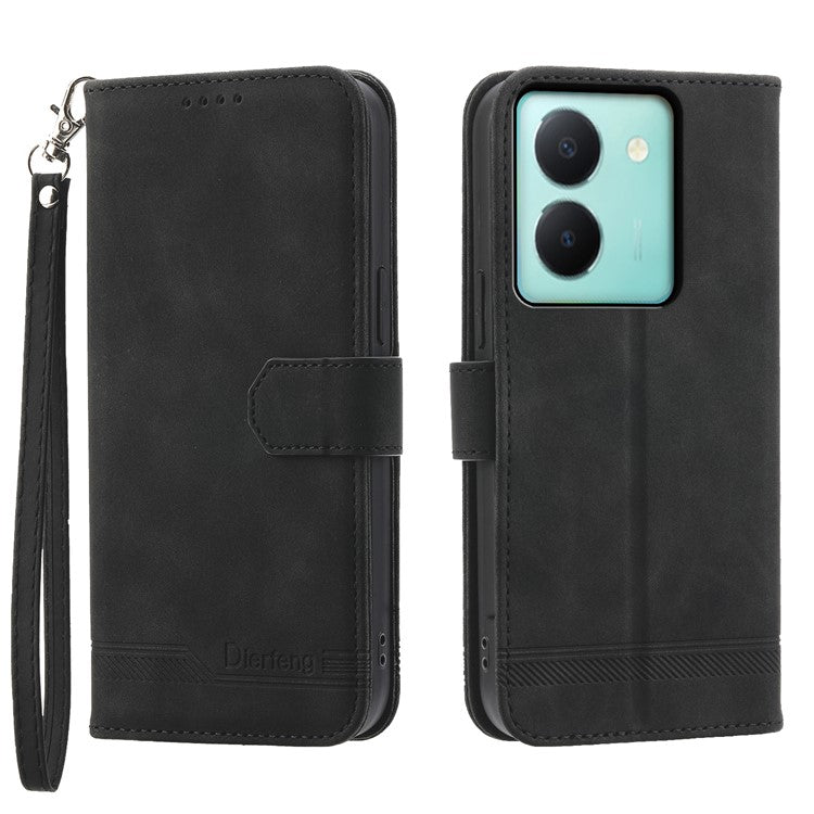 DIERFENG DF-03 Anti-drop Phone Case for vivo Y36 4G (Global) Lines Imprint Leather Wallet Stand Cover - Black