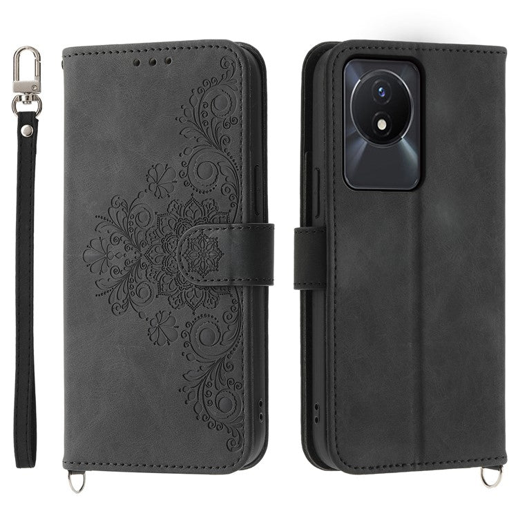 Leather Phone Case for vivo Y02A 4G , Imprinted Flower Stand Wallet Cover with Wrist Strap + Shoulder Strap - Black