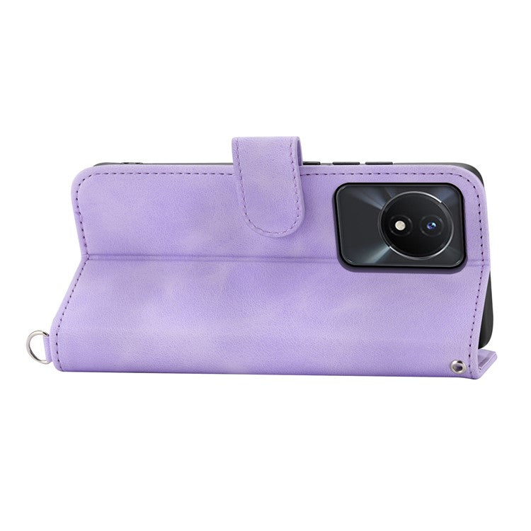 Leather Phone Case for vivo Y02A 4G , Imprinted Flower Stand Wallet Cover with Wrist Strap + Shoulder Strap - Light Purple