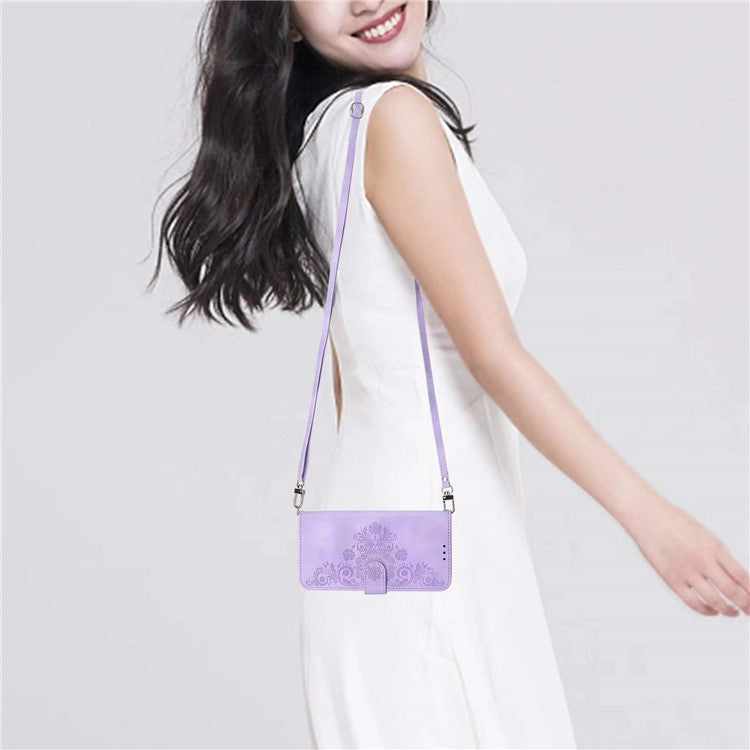 Leather Phone Case for vivo Y02A 4G , Imprinted Flower Stand Wallet Cover with Wrist Strap + Shoulder Strap - Light Purple