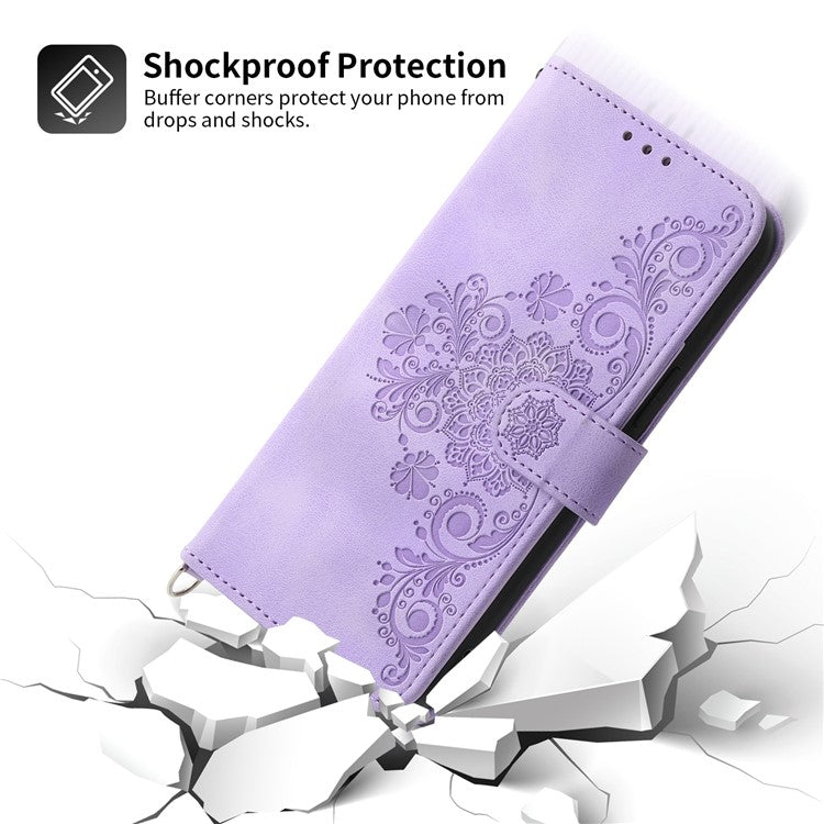 Leather Phone Case for vivo Y02A 4G , Imprinted Flower Stand Wallet Cover with Wrist Strap + Shoulder Strap - Light Purple