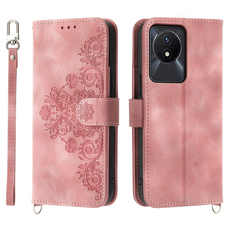 Leather Phone Case for vivo Y02A 4G , Imprinted Flower Stand Wallet Cover with Wrist Strap + Shoulder Strap - Pink