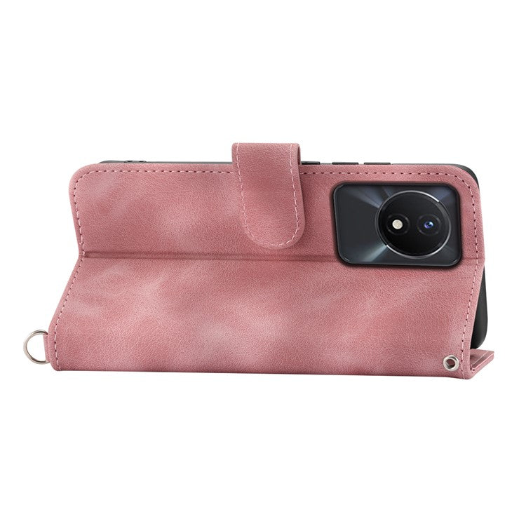 Leather Phone Case for vivo Y02A 4G , Imprinted Flower Stand Wallet Cover with Wrist Strap + Shoulder Strap - Pink