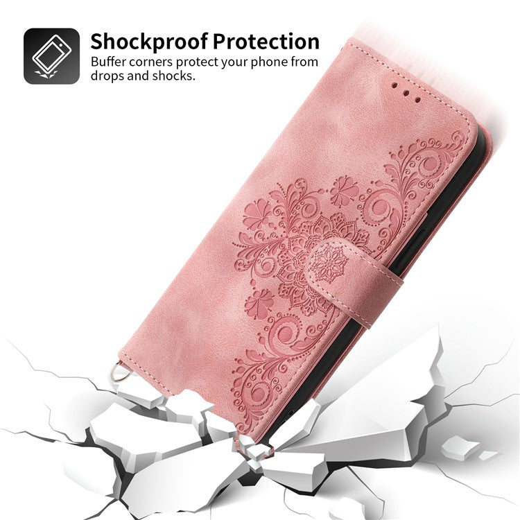 Leather Phone Case for vivo Y02A 4G , Imprinted Flower Stand Wallet Cover with Wrist Strap + Shoulder Strap - Pink