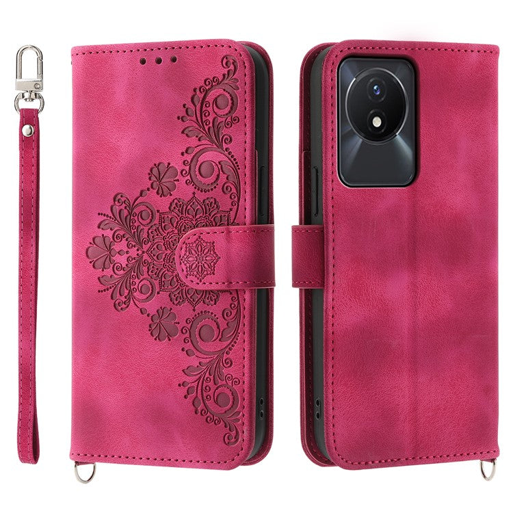 Leather Phone Case for vivo Y02A 4G , Imprinted Flower Stand Wallet Cover with Wrist Strap + Shoulder Strap - Wine Red