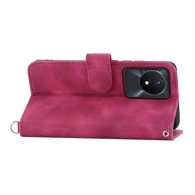 Leather Phone Case for vivo Y02A 4G , Imprinted Flower Stand Wallet Cover with Wrist Strap + Shoulder Strap - Wine Red